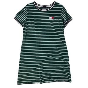 T-Shirt Dress Green Striped Mini Short Sleeve Logo‎ bodycon tommy hilfiger